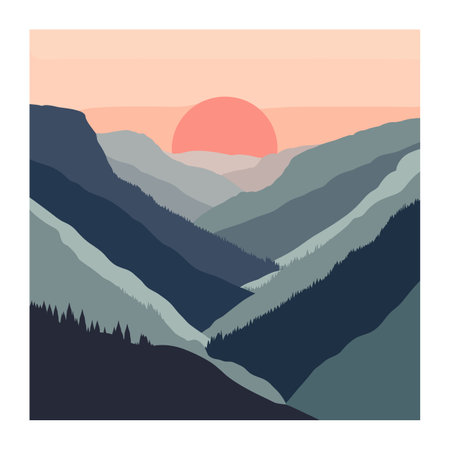 Sunset behind mountains vector style, serene nature scene, layered hills, peaceful landscape. Warm sky hues, fading sunlight over mountain ranges, abstract outdoor depiction. Artistic representationのイラスト素材