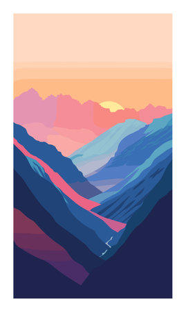 Abstract mountain landscape during sunrise sunset vibrant hues. Gradient colors range pink, purple, blue orange representing sky, peaks, valleys. Modern minimalist vector artwork nature scenicのイラスト素材