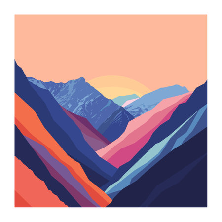 Vibrant mountain range illustration under sunset sky, colorful nature artwork. Abstract geometric shapes form peaks valleys, modern landscape graphic. Sunrise over layered mountains, vivid huesのイラスト素材