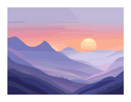 Sunset sunrise over layered mountain landscape, serene nature background, beautiful pastel color gradient. Tranquil scenery, rolling hills, peaceful dawn dusk, purple, orange sky, outdoors. Calmingのイラスト素材