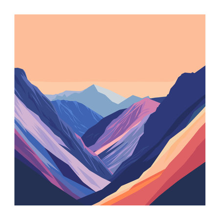 Stylized colorful mountain landscape illustration, vibrant hues dusk, nature scenic artwork. Artistic mountain range, layered peaks, sunset colors, dynamic shades, abstract outdoor scene. Geometricのイラスト素材