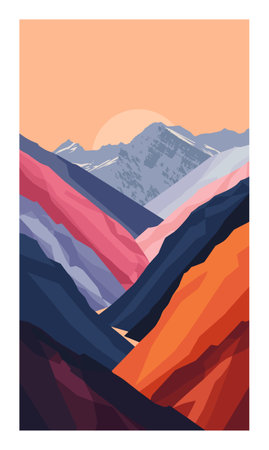 Stylized vector illustration mountain landscape during sunset. Vibrant colors geometric shapes creating abstract mountain ranges. Minimalist sunset scene warm cool huesのイラスト素材