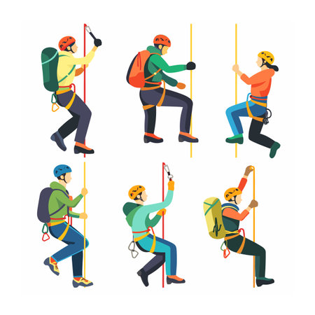 Six climbers ascending ropes, vector illustration mountain climbing, diverse people engaged rock climbing activity. Cartoon climbers wearing helmets backpacks, sports gear, climbing harnessesのイラスト素材