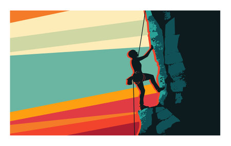 Silhouetted climber ascending rocky cliff against colorful striped sunset background. Extreme sports rock climbing woman action silhouette. Adventure lifestyle climber scaling cliff dynamic vectorのイラスト素材