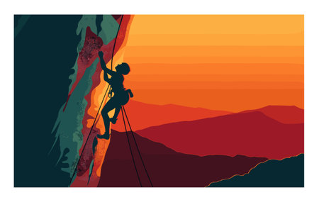 Silhouetted climber ascends steep cliff against orange sunset. Rock climbing adventure silhouette, outdoor extreme sport. Sunset landscape climber, mountains, adventure theme illustrationのイラスト素材