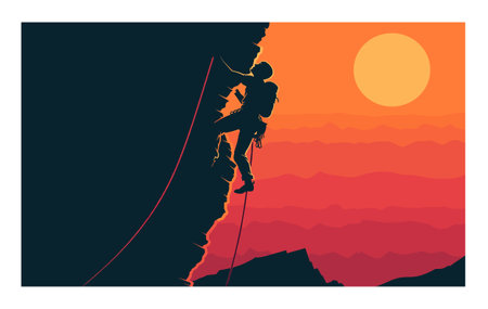 Silhouetted climber ascending steep cliff during sunset. Vivid sunset hues behind mountain climber silhouette. Climbing activity, sunset colors, outdoor adventure graphicのイラスト素材