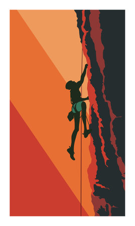 Silhouetted figure scaling rocky cliff during sunset, adventure outdoor sport climbing. Male climber rappelling gear silhouette against colorful sky, extreme activities concept graphic. Rockのイラスト素材