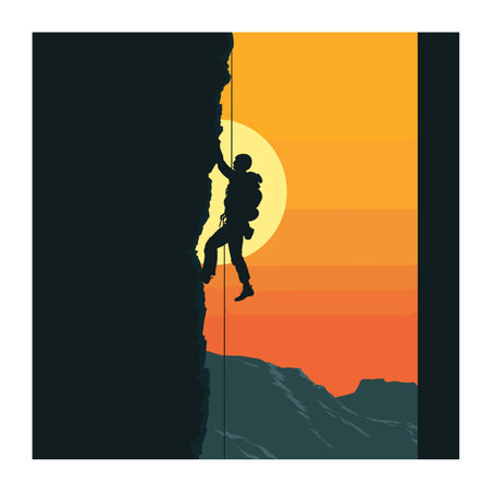 Silhouetted climber ascending rocky cliff against sunset background. Adventurous spirit conquering mountain peak during golden hour. Extreme sports enthusiast engaging rock climbing duskのイラスト素材