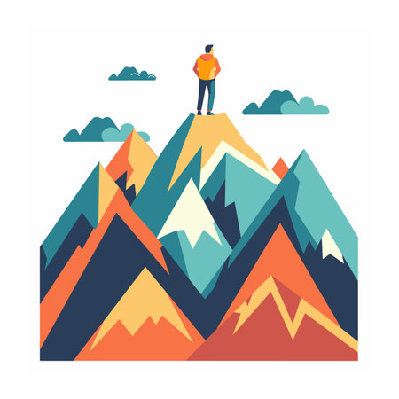 Man standing mountain peak looking panorama, success, achievement concept. Hiker reached summit, feeling accomplishment, outdoor adventure. Climber top mountain range, victorious moment, sunsetのイラスト素材