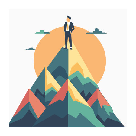Businessman stands atop mountain, success concept, achievement goal. Confident male character, career peak, professional triumph, flat design. Strategic success, leader vision, sunset backgroundのイラスト素材