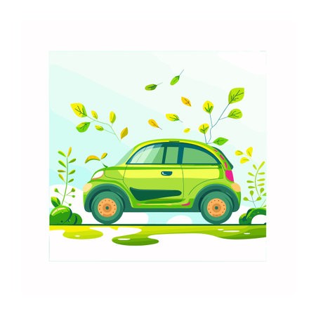 Ecofriendly green car surrounded plants leaves, concept sustainable transportation. Environmentally conscious vehicle design emphasizing green energy. Modern compact car promoting living cleanのイラスト素材