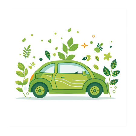 Ecofriendly green car surrounded leaves symbolizes sustainability. Electric vehicle concept promoting environmental protection plant elements. Cartoon style graphics clean energy automobileのイラスト素材