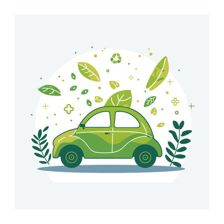 Green ecofriendly car surrounded leaves symbolizing sustainability, environmentally friendly transportation concept. Small green vehicle promoting ecoconsciousness, lifestyle, clean energy. Compactのイラスト素材