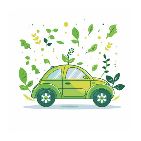 Ecofriendly car surrounded green leaves dots. Green vehicle, environmental protection concept illustration. Sustainable transportation, energy car design artworkのイラスト素材