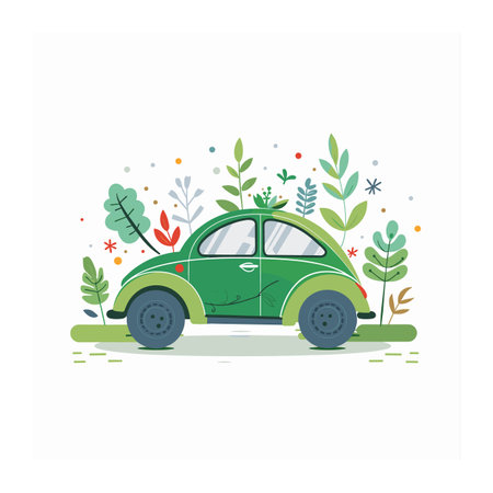 Vintage green car surrounded colorful plants, abstract nature scene. Retro automobile botanical garden illustration, nostalgic vibe. Classic vehicle foliage cartoon, ecofriendly transport conceptのイラスト素材