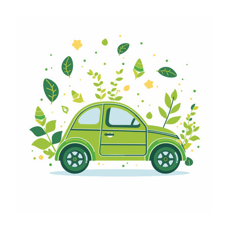 Ecofriendly green car surrounded leaves plants, representing sustainable transportation clean energy. Compact vehicle promotes environmentally conscious choices, green technology, future mobilityのイラスト素材