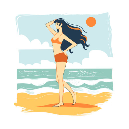 Illustration woman standing beach under sun, hand hair, looking ocean. Female bikini enjoying seaside, waves sunrise scenery behind her. Young adult sandy shore during summer, relaxed stanceのイラスト素材