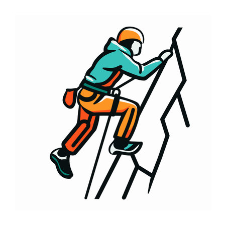 Climber ascending ladder, safety gear, outdoor adventure. Man equipped helmet, harness climbing, extreme sports theme. Bold color isolated vector graphic, active lifestyle conceptのイラスト素材