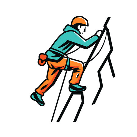 Man climbing ladder, wearing helmet harness safety. Climber ascending steps confidently, equipped altitude. Safety gear employed during climb, isolated white background illustrationのイラスト素材