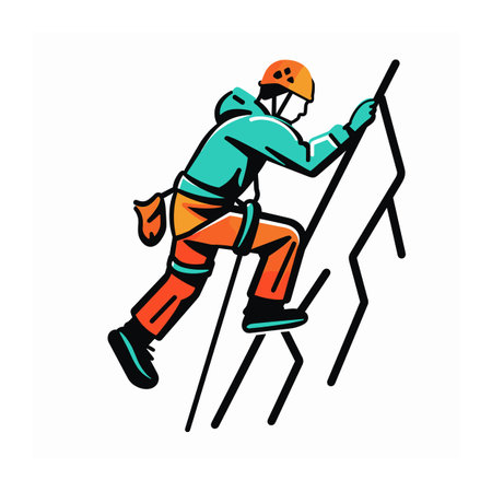 Electrician climbing utility pole, skilled worker wearing safety helmet tool belt. Professional electrician ascending, climbing gear, action pose, maintenance task. Technician working outdoorsのイラスト素材