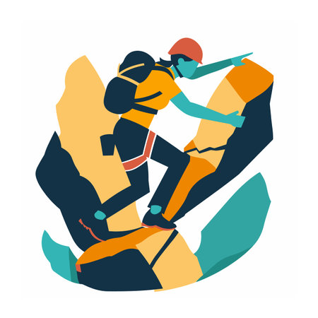 Animated character climbing mountain vector illustration. Sport climbing activity adventure outdoor rock. Climber gear helmet harness reaching summitのイラスト素材