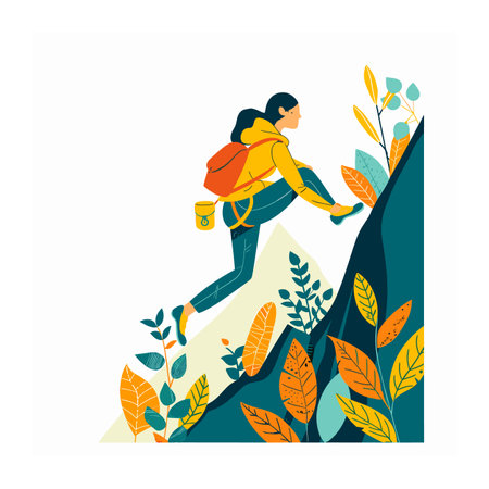 Woman hiking mountain nature adventure, female backpacker trekking hill, active outdoor lifestyle. Hiker climbing rock, autumn leaves, exploring bold colors illustration. Young traveler outdoorのイラスト素材