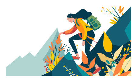 Woman hiking mountain, adventure traveler backpack climbing, autumn foliage nature. Female trekker outdoor activity, exploring trail, colorful leaves, recreational pursuit. Flat design adventureのイラスト素材