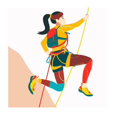 Female climber ascending mountain using rope, wearing colorful climbing gear. Athletic woman engaging rock climbing, demonstrating strength focus. Adventure sport illustration featuring femaleのイラスト素材