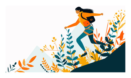 Young female hiker climbs hill amidst colorful foliage, showcasing adventure, fitness. Woman backpacking, trekking up mountain, nature exploration, outdoor lifestyle. Dynamic illustration soloのイラスト素材