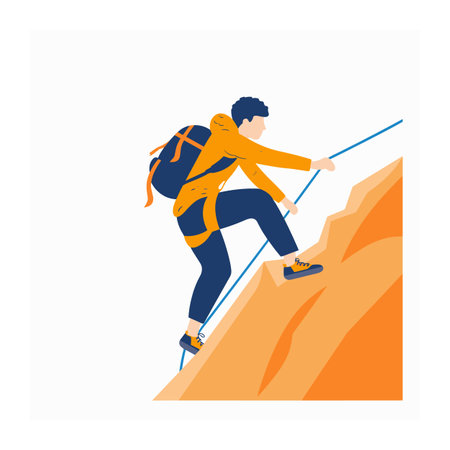 Young male climber ascending steep cliff using ropes climbing gear. Adventurous person wearing orange jacket, backpack, engaged extreme sport mountain climbing. Courageous climber illustrationのイラスト素材