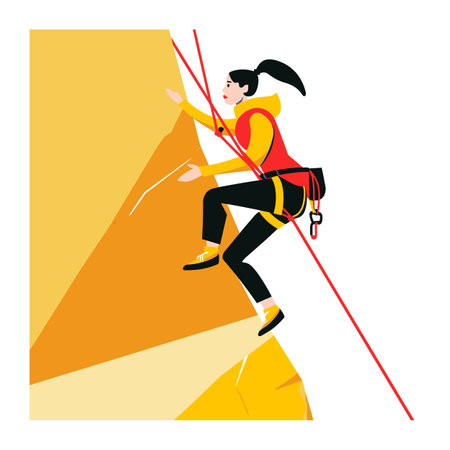 Female rock climber ascending cliff using ropes, outdoor adventure sport, modern flat design. Young woman climbing, sporting activity, hobby illustration. Athletic climber scaling rock face, safetyのイラスト素材