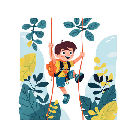 Young boy hiking through jungle, expressing joy enthusiasm, equipped backpack walking sticks. Child adventurous activity, surrounded lush foliage, smiling cheerfully, cartoon style. Happy male kidのイラスト素材