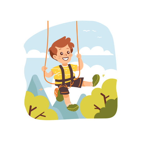 Happy young boy having fun rope swing outdoors, adventurous child smiling, playful kid enjoying playful activity nature. Young male casual clothes, outdoor recreation, carefree childhood momentのイラスト素材