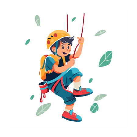 Young male cartoon character climbing helmets ropes, adventurous boy engaging rock climbing. Child enjoying outdoor sport, smiling kid climbing gear, safety helmet, backpack. Leaves floating aroundのイラスト素材