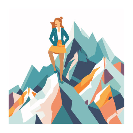 Businesswoman conquering mountains, success, leadership concept. Young female professional stands triumphantly atop peaks, career achievement symbolized. Confident woman leader, mountainousのイラスト素材
