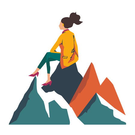 Woman sitting atop mountain peaks, contemplative pose, achievement concept. Casual attire, stylized graphic, self reflection, success metaphor, orange teal tones. Young female achiever, modernのイラスト素材