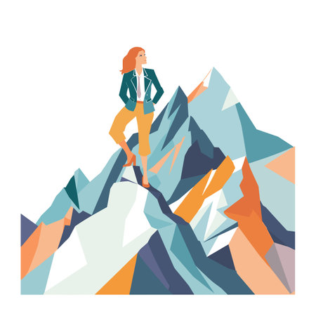 Businesswoman reaching peak mountain symbolizing success, goal achievement, career growth. Confident female character standing atop geometric styled mountain, looking into distance, careerのイラスト素材