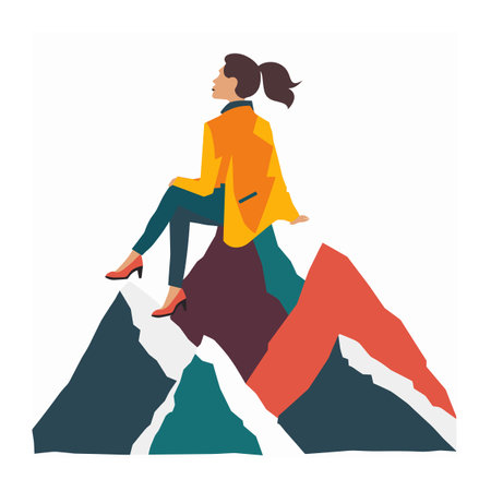 Woman sitting atop mountain peaks, contemplative pose, achievement concept. Casual attire, stylized graphic, self reflection, success metaphor, orange teal tones. Young female achiever, modernのイラスト素材