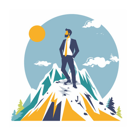Businessman stands atop mountain peak, success concept, sky backdrop, achievement, leadership, goal attained. Man business suit, mountain summit, victorious pose, blue yellow color theme, stylizedのイラスト素材