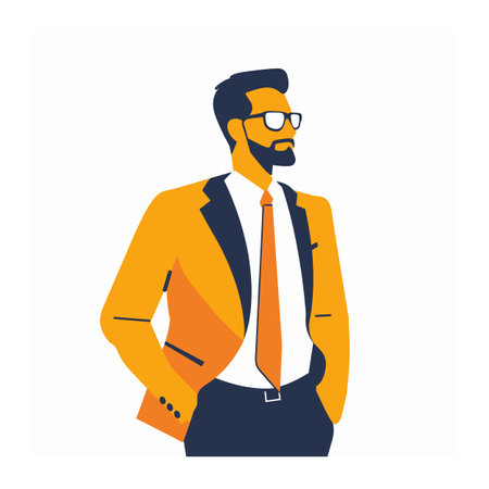 Businessman standing confidently, stylish professional attire, modern entrepreneur. Handsome corporate executive, vibrant orange blazer, eyeglasses, beard, fashionable. Confident male leaderのイラスト素材