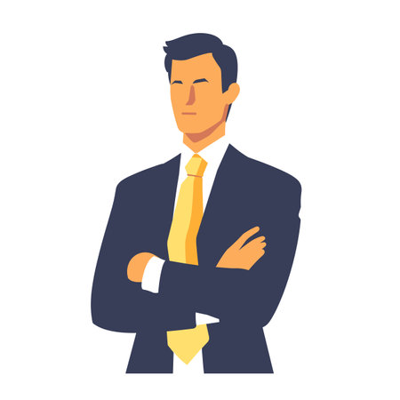 Confident businessman standing arms crossed, corporate attire, leader professional. Young adult male suit tie, executive posture, business concept. Handsome entrepreneur, vector illustrationのイラスト素材