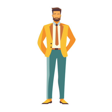 Confident adult male character standing, beard, hands pockets, isolated white. Cartoon style bearded man, yellow blazer, teal pants, business casual attire, vector illustration. Professional youngのイラスト素材