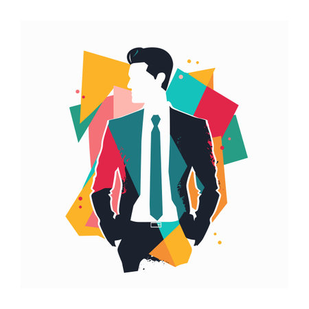 Businessman silhouette against colorful abstract geometric background. Professional male wearing suit, tie, hands pockets, confident posture. Corporate business, modern graphic design, isolatedのイラスト素材