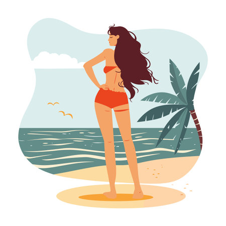 Woman standing beach looking out sea, long hair flowing, wearing orange bikini, tranquil ocean scenery. Female enjoying tropical seaside, hands hips, serene holiday atmosphere, sandy shore, palmのイラスト素材