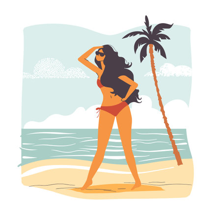 Woman wearing orange bikini standing beachside, sunny weather, palm tree, ocean waves. Female model sunglasses enjoying seaside, tropical vacation, stylish swimwear. Carefree tourist sandy shoreのイラスト素材
