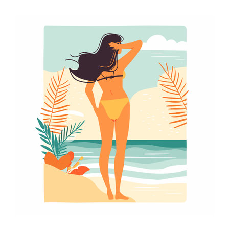 Woman standing beach looking out sea, hair blowing, wearing yellow bikini. Summer beach scene female figure, tropical plants, ocean waves. Illustration lady enjoying seaside, warm weather getawayのイラスト素材