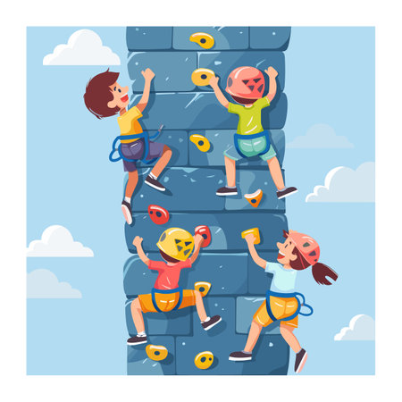 Children climb wall outdoor climbing facility. Boys girls helmets harnesses enjoy rock climbing. Young climbers engaged healthy sport activityのイラスト素材
