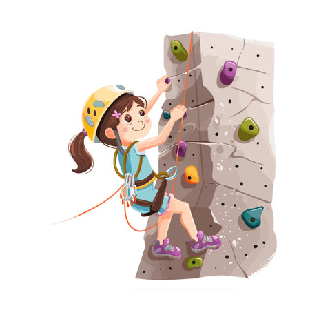Young girl climbing artificial rock wall, wearing helmet harness. Active child enjoys adventurous sport, smiling while reaching holds. Cartoon kid rock climber sporty attire engaged climbingのイラスト素材