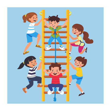 Children playing monkey bars playground, happy kids hanging climbing wooden ladder, cartoon style illustration, active young climbers, casual sportswear, outdoor fun, joyful playtime. Group diverseのイラスト素材