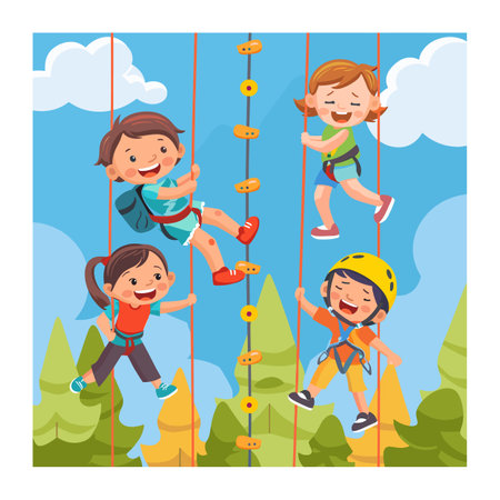 Children climbing ropes course adventure park. Happy boys girls outdoor activity cartoon. Kids fun challenge ropes course vector illustrationのイラスト素材
